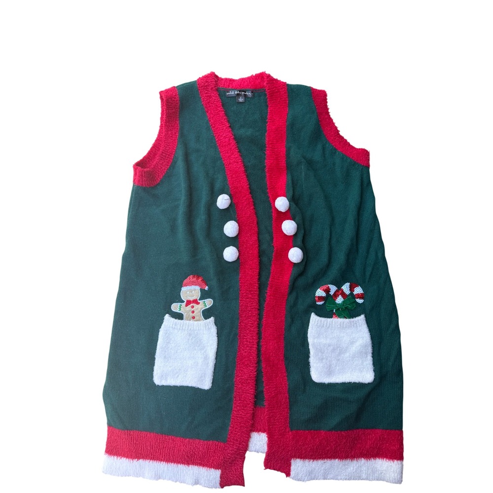 No Boundaries Christmas Sweater Vest Green Red Gingerbread Candy Cane Large
